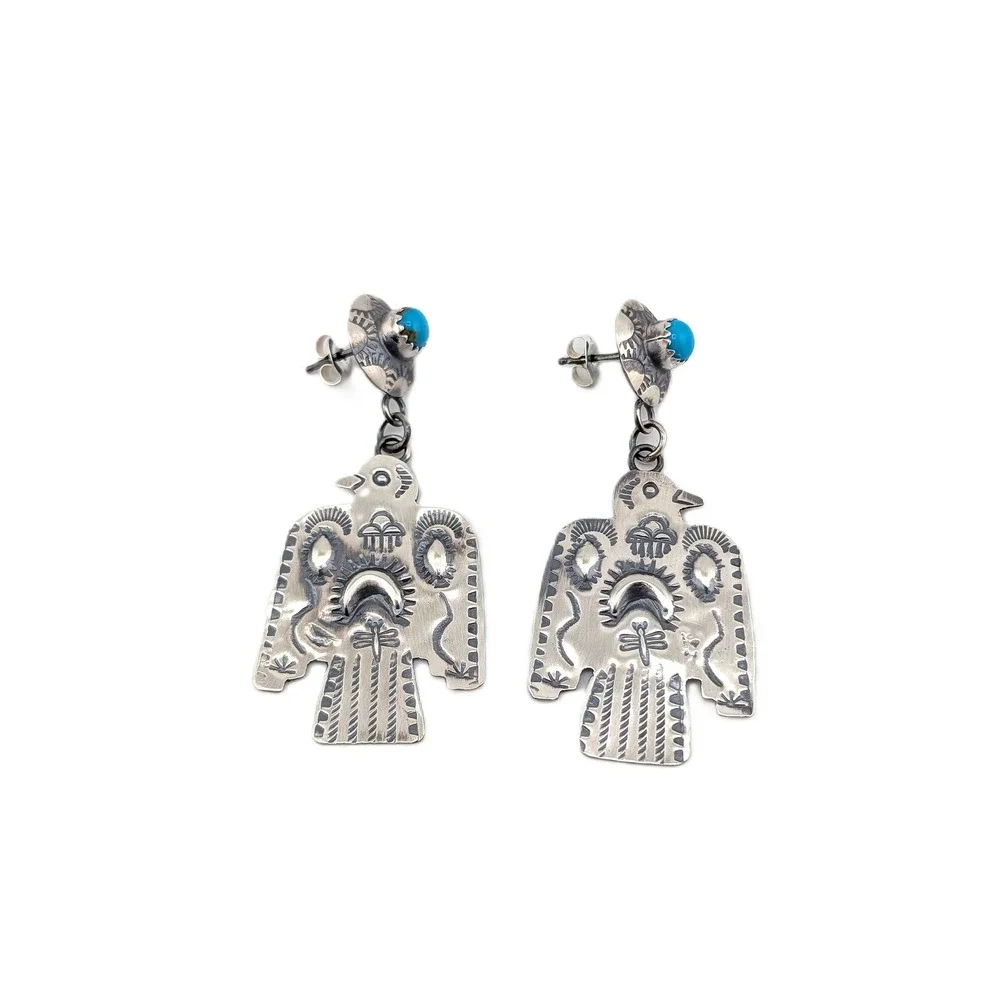 Navajo Thunderbird Dangle Earrings Oxidized Sterling Silver Kingman Turquoise** - Picture 4 of 7